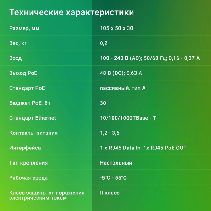 Инжектор PoE Digma DNP30W48GTAP 10/100/1000BASE-T 30Вт 100-240В АС
