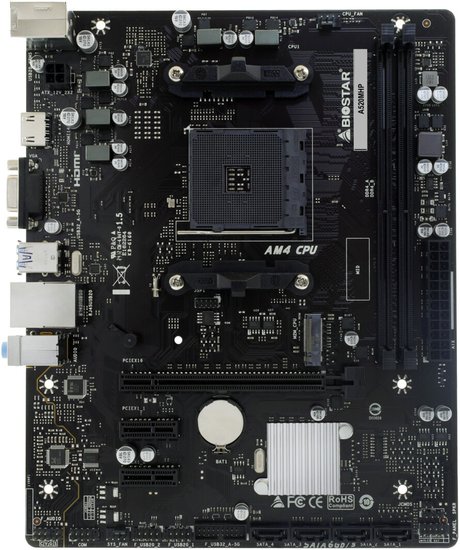 Материнская плата Biostar A520MHP (mATX, 19.4x23.5 см, AMD A520, 2xDDR4 DIMM, 4266МГц, до 64GB, звук 7.1, 4xSATA3.0 (6Gb/s), 1xM.2, 1xPCIe3.0x16, 2xPCIe3.0x1, 1хHDMI, 1xVGA)