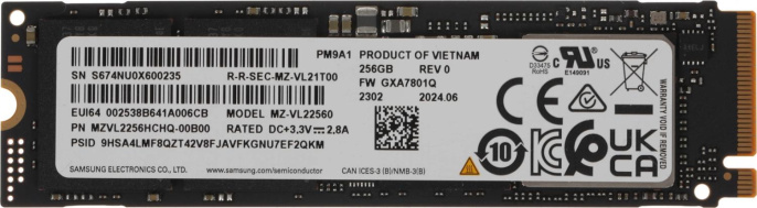SSD накопитель Samsung PM9A1 MZVL2256HCHQ-00B00 256ГБ, M.2 2280, PCIe 4.0 x4, NVMe, M.2, oem