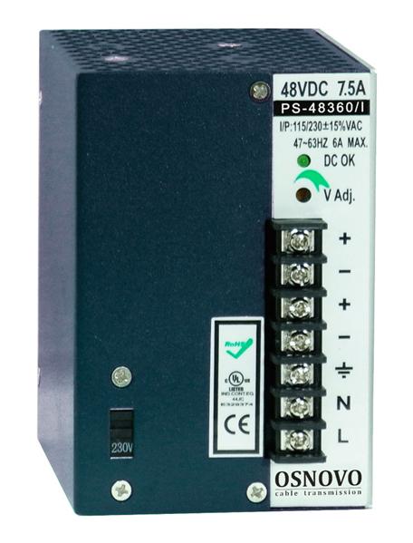 Промышленный блок питания OSNOVO PS-48360/I Промышленный блок питания. DC48V, 7,5A 360W . Диапазон входных напряжений: AC195-265V. КПД: 83%. Регулировка выходного напряжения в диапазоне 44-53V. Защита от короткого замыкания,