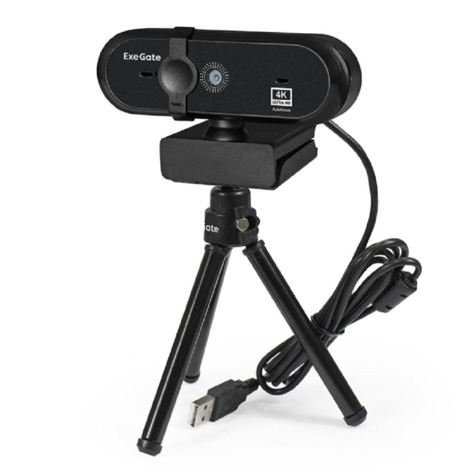 Веб-камера ExeGate Stream HD-4000 4K UHD AF T-Tripod (8Мп, 3840x2160, 30fps, H.264, автоматический фокус, защитная шторка, телескопический штатив Tripod Tele Ball, 4-линзовый объектив (стекло), стерео микрофон с шумоподавлением, универсальное крепление, U