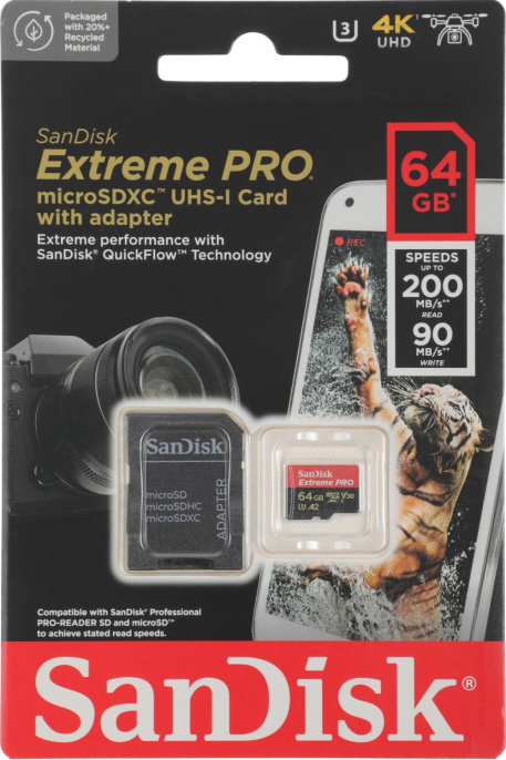 Micro SecureDigital 64GB SanDisk Extreme Pro microSD UH for 4K Video on Smartphones, Action Cams & Drones 200MB/s Read, 90MB/s Write, Lifetime Warranty[SDSQXCU-064G-GN6MA]