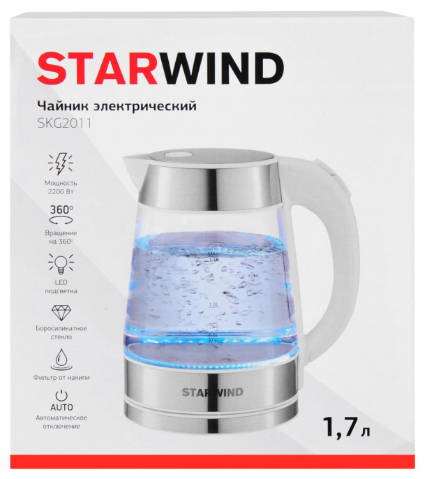 Чайник электрический StarWind SKG2011, 1.7л, стекло/металл/пластик