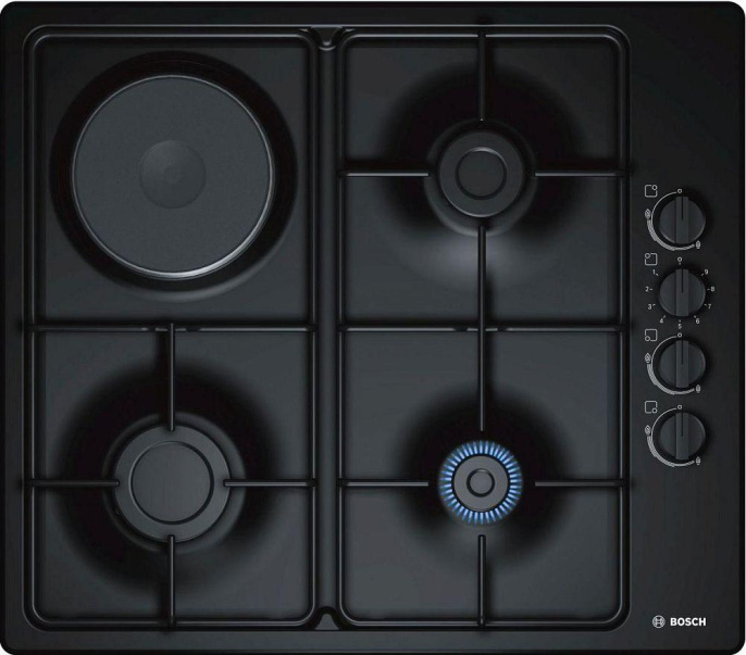 Комбинированная варочная панель Bosch PBY6C6B62O,  4 конфорки,  эмалированная сталь,  черный