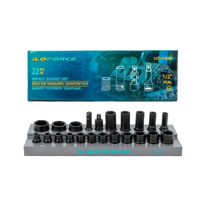 Головки ударные 6-гранные 1/2" DR, 22 предмета iLOFORCE IF-50221MPB(57096)