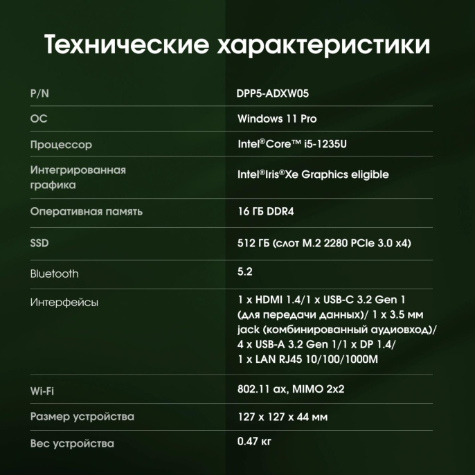 Неттоп Digma Pro Minimax U1 i5 1235U 1.3 16Gb SSD512Gb Iris Xe Windows 11 Pro GbitEth WiFi BT 60W темно-серый/черный DPP5-ADXW05