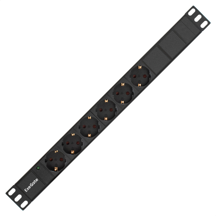 Блок розеток с кабелем с евровилкой ExeGate ServerPro PDU-19H603 Al-6S-EU2.5CU (19", 1U, Алюминий, 6*EU/Тип F(Schuko), Евровилка EU/Тип F(Schuko) VDE-250V-16A-3*1.5mm2, медь, 2.5 метра, индикатор питания, черный, RTL) EX280828RUS