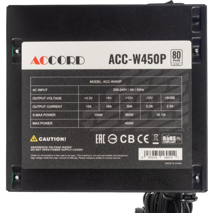 Блок питания Accord ACC-W450P, 450Вт, 80 PLUS WHITE, 120мм, черный, retail