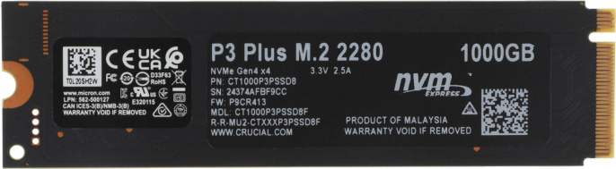 SSD накопитель Crucial P3 Plus CT1000P3PSSD8 1ТБ, M.2 2280, PCIe 4.0 x4, NVMe, M.2