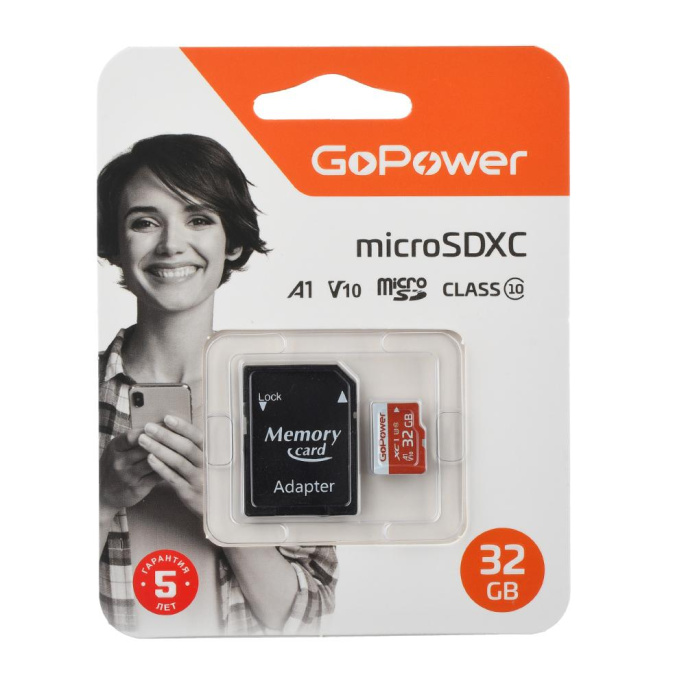 Карта памяти microSD GoPower 00-00025679 32GB Class10 UHS-I U3 80 МБ/сек V10 с адаптером