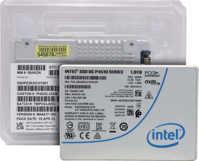 Накопитель SSD 2.5", U.2 Intel DC P4510 1TB SSDPE2KX010T807 PCI Express 3.0 x4 NVMe 1.3 3D TLC NAND, 2850/1100 MBps, 469000/72000 IOps