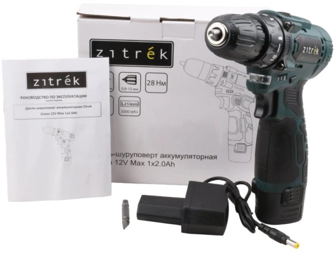 Дрель-шуруповерт ZITREK Green 12V Max, 2Ач,  с одним аккумулятором [085-1015]
