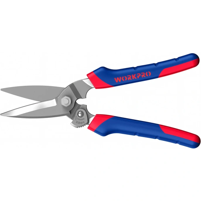 Ножницы WorkPro WP214009 200мм (многофункциональные, усиленные, подходят для резки ковров, стальной проволоки, канатов, резины, шлангов, листов ПВХ, пакетов и веток и т.д., мягкая ручка из двух материалов для удобного захвата, прочное кованое лезвие из 60