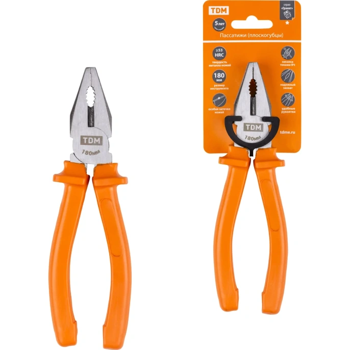Пассатижи-плоскогубцы TDM ELECTRIC с пластиковыми рукоятками, углеродистая сталь, 180 мм, серия "Гранит" SQ1009-0102