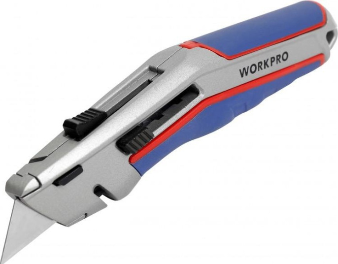 Нож строительный WorkPro WP213015 закаленное лезвие SK5, прочный корпус из цинкового сплава с резаком для шпагата, многопозиционное выдвижное лезвие для универсальной резки, механизм быстрой смены