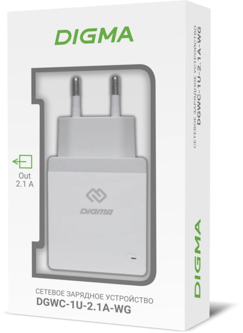 Сетевое зарядное устройство Digma DGWC-1U-2.1A-WG,  USB-A,  10.5Вт, 2.1A, белый