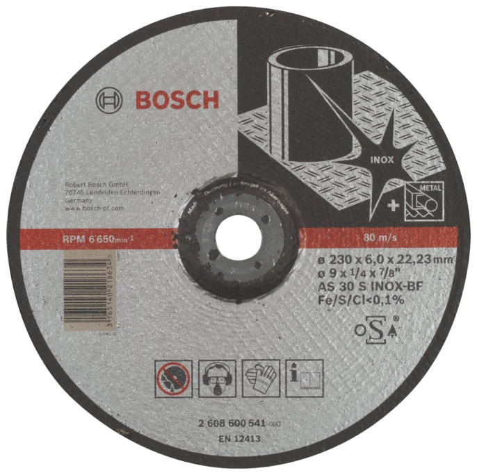 Обдирочный круг Bosch Expert for Inox 2.608.600.541 для электроинструмента, обрабатываемый материал: сталь нержавеющая , максимальная скорость вращения: 6600 об/мин, вид шлифовки: сухая, ширина/диаметр: 230 мм, толщина: 6 мм, посадочный размер: 22.23