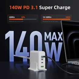 Сетевое зарядное устройство CABLETIME G14WE (CT-GAN140-PWE) GaN II PD3.1 3C1A 140 Вт, ЕС/США, белый