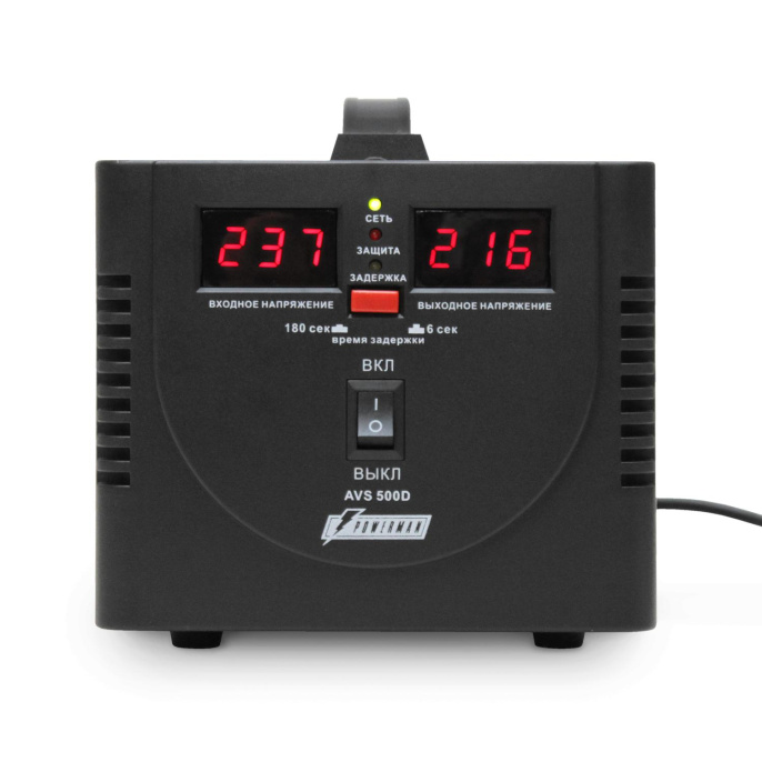 Стабилизатор POWERMAN AVS 500D, черный, ступенчатый регулятор, цифровые индикаторы уровней напряжения, 500ВА, 140-260В, максимальный входной ток 5А, 2 евророзетки, IP-20, напольный, 200мм х 150мм х 140мм, 2,3 кг./ Stabilizer POWERMAN AVS 500D, black, ste 