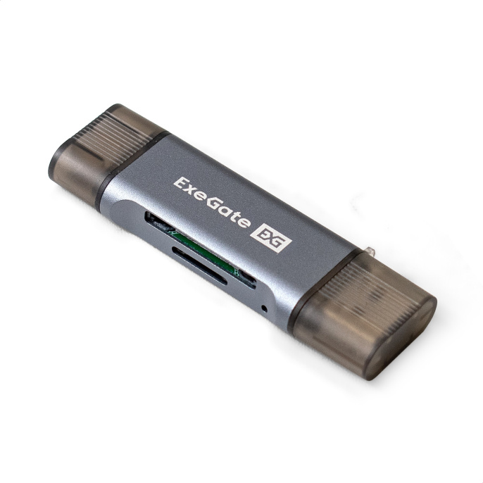 Устройство чтения/записи карт памяти ExeGate CR-201CA (компактный картридер USB Type-A + Type-C --> Card Reader, поддержка стандартов: SD/SDHC/MMCII/RS MMC, Micro SD/ Micro SDHC/Micro SDXC, Plug&Play, серый) EX297630RUS