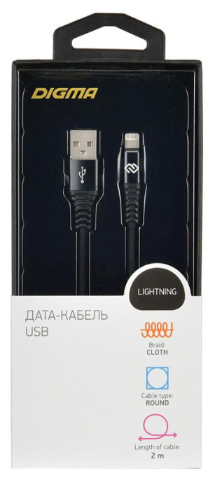 Кабель Digma Lightning m - USB m , 2м, 2A, черный [light-2m-braided-blk]