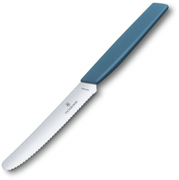 Нож кухонный Victorinox Swiss Modern, столовый, для томатов, 110мм, заточка серрейтор, стальной, синий [6.9006.11w2]