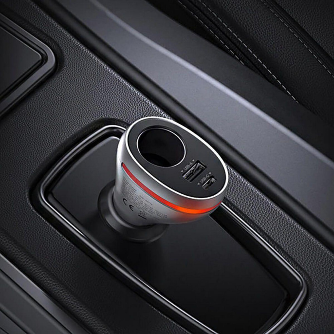 Автомобильное зарядное устройство UGREEN CD204 60712 Car Charger With Dual USB Ports Single Extension Socket PD 20 W с разъемами USB-A, USB-C, с широким разъемом. Цвет: серебристый