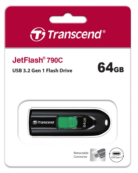 Флешка USB Type-C Transcend Jetflash 790C 64ГБ, USB3.0, черный [ts64gjf790c]