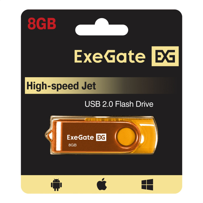 USB-флеш накопитель ExeGate Jet 8GB жёлтый USB2.0, 480Mbps, пластик/металл EX302037RUS
