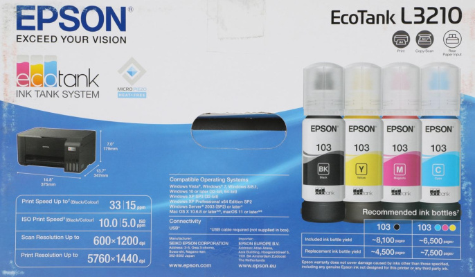 МФУ струйное Epson EcoTank L3210 (103) цветная печать, A4, с СНПЧ, черный [c11cj68405/c11cj68403]