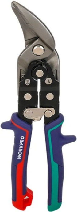 Ножницы по металлу WorkPro WP214031 250мм правые, авиационные, универсальные, лезвие из кованой стали 60CR-V, подходят для резки листового металла, винила, пластика, резины и многих других материалов, режет холоднокатаную сталь толщиной до 18GA 1.2 мм