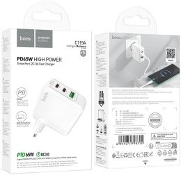 Сетевое зар./устр. Hoco C115A Header PD65W three-port 2C1A charger EU 65W 3.25A+3A+2A+1.5A PD+QC универсальное белый 98312