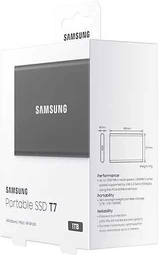 1ТБ Внешний диск SSD Samsung T7 MU-PC1T0T/WW, USB-C, запись - 1000МБ/с, чтение - 1050МБ/с, черный