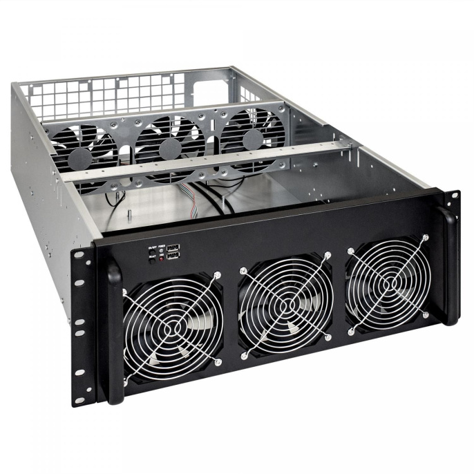 Корпус для майнинга ExeGate Pro 8-650 <без БП, 2*USB, 6*fan 120мм, места под: 8 видеокарт, 1 БП, RM 4U> EX288960RUS