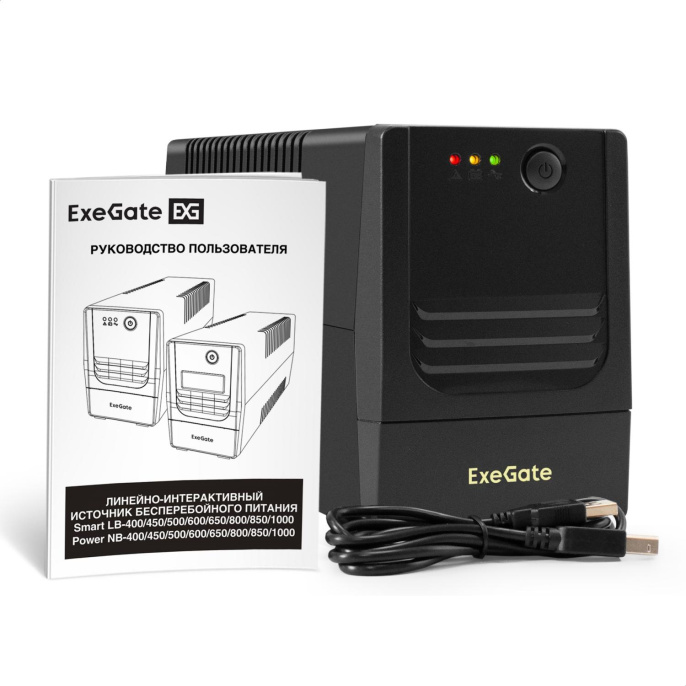 ИБП ExeGate Power NB-500.LED.AVR.2SH.USB (500VA/300W, LED, AVR, 2*EU/Тип F(Schuko), USB, батарея 12V 4.5Ah, Black) EX299481RUS