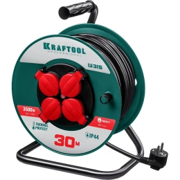 Удлинитель на катушке KRAFTOOL P-315, 30м, 3500Вт, 4 гнезда, IP44, ПВС 3х1.5мм2, 55084-30