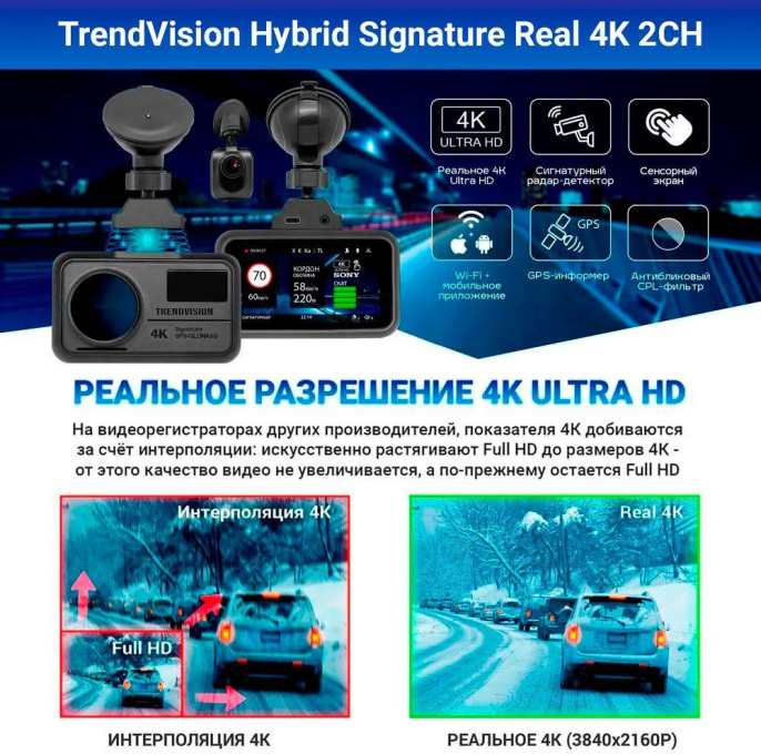 Видеорегистратор с радар-детектором TrendVision Hybrid Signature Real 4K 2CH, GPS, ГЛОНАСС