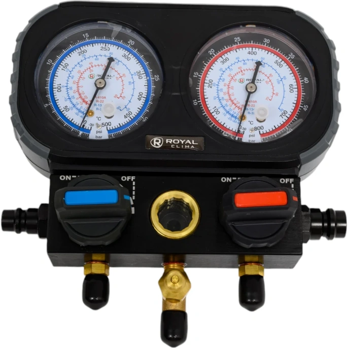 Манометрический коллектор Royal Clima Royal Clima 2-вентиля, 3 штуцера, R22/R32/R134/R410, М1/4", без шлангов RT-MG20BL-R410