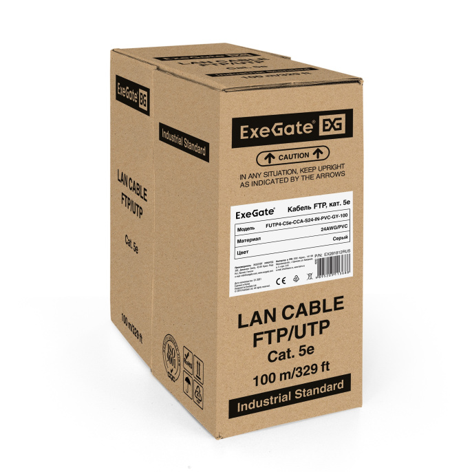 Кабель ExeGate FUTP4-C5e-CCA-S24-IN-PVC-GY-100 FTP 4 пары кат.5e CCA, 0.5мм (24AWG), экран, 100м, серый, PVC EX281812RUS