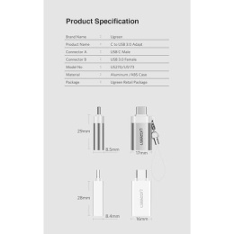 Переходник UGREEN US173-30155, Type C (M) to USB-A 3.0 (F), OTG, скорость до 5 Гбит/с, пластиковый, White