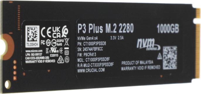 SSD накопитель Crucial P3 Plus CT1000P3PSSD8 1ТБ, M.2 2280, PCIe 4.0 x4, NVMe, M.2