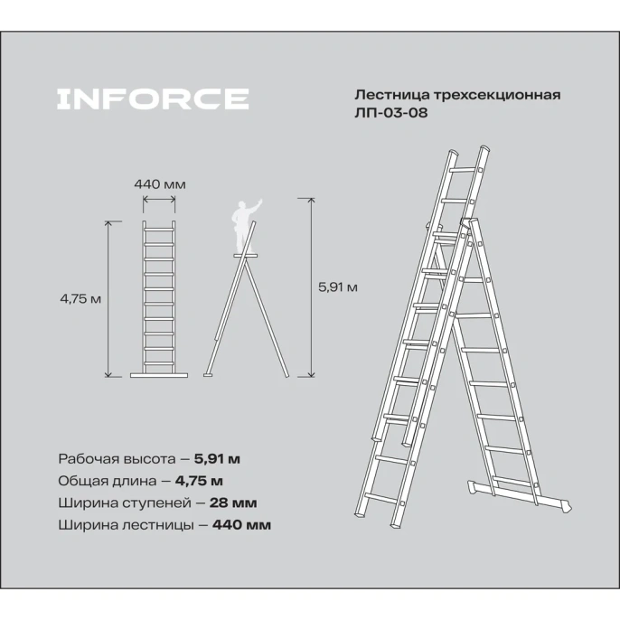 Трехсекционная лестница 8 ступеней Inforce 3x8 ЛП-03-08