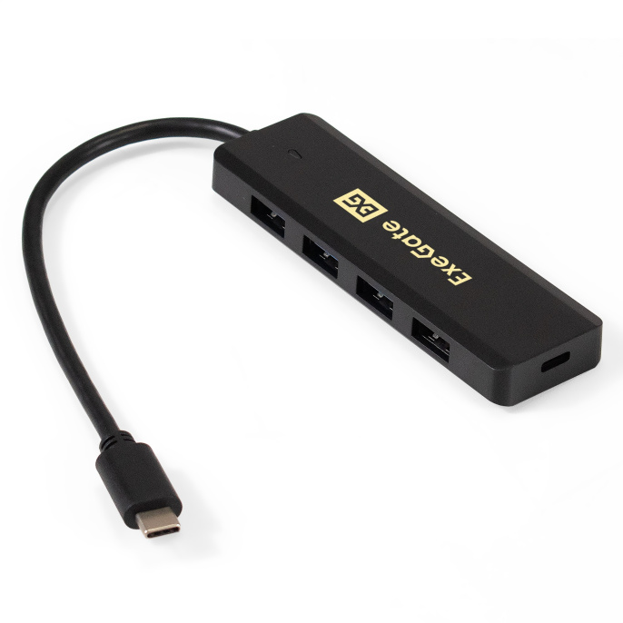 USB-Хаб (концентратор) 4-в-1 ExeGate DUB-4CP/1 (кабель-адаптер USB Type C --> 4xUSB3.0, доп. разъем USB Type-C для подключения источника питания, Plug&Play, черный) EX293986RUS