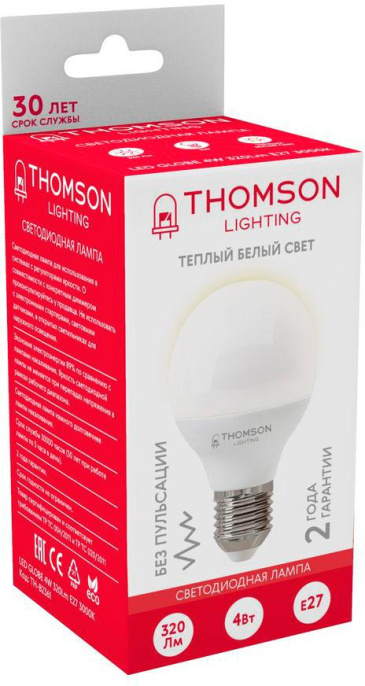Лампа светодиодная Thomson TH-B2361 4Вт цок.:E27 шар 220B св.свеч.бел.теп. Globe упак.:1шт