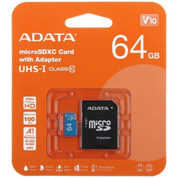 Карта памяти microSDXC UHS-I U1 A-Data Premier 64 ГБ, 85 МБ/с, 10X, Class 10, AUSDX64GUICL10A1-RA1,  1 шт., переходник SD