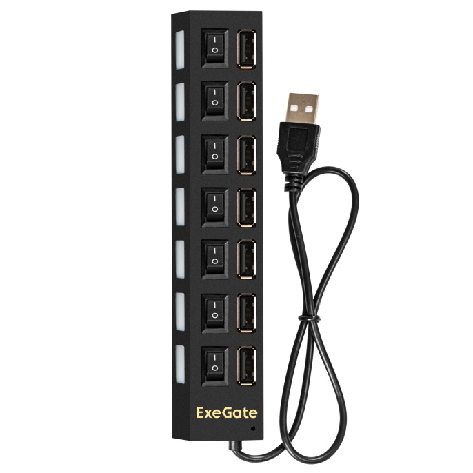 USB-Хаб концентратор 7-в-1 ExeGate DUB-72SW кабель-адаптер USB2.0 -- 7xUSB2.0, кнопки включения/отключения для каждого порта, Plug&Play, черный EX293978RUS