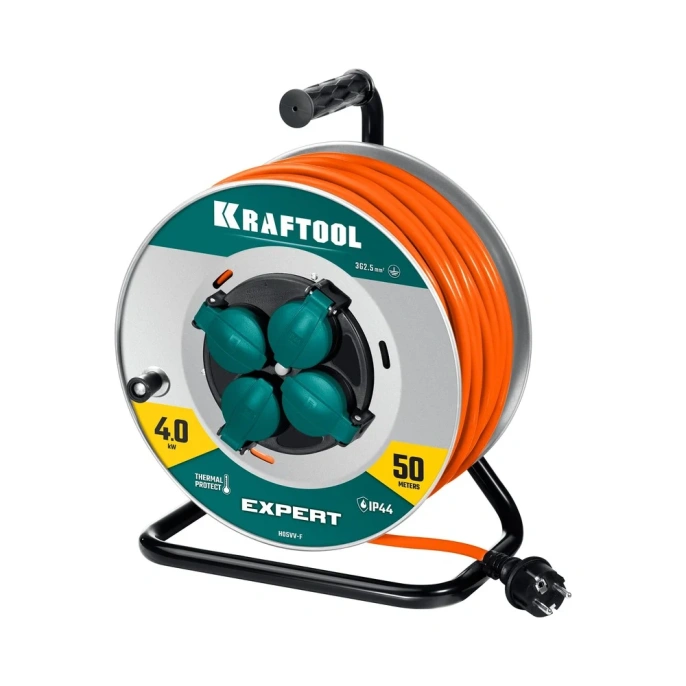 Силовой удлинитель на стальной катушке KRAFTOOL Expert ПВС 3x2.5, 50м 55089-50