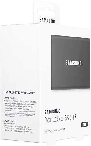 1ТБ Внешний диск SSD Samsung T7 MU-PC1T0T/WW, USB-C, запись - 1000МБ/с, чтение - 1050МБ/с, черный