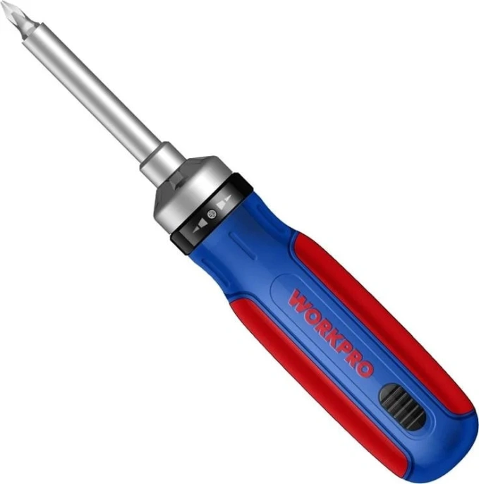 Отвертка WorkPro WP221061 с трещоткой, 3-позиционный прецизионный храповик с 72 зубьями: прямой/ обратный ход / блокировка, в рукоятке хранятся биты 14шт, стержень из хром-ванадиевой стали для