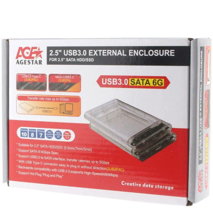Внешний корпус для HDD/SSD AgeStar 3UB2P4C, прозрачный